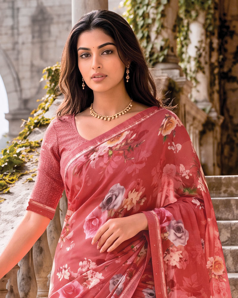 Vishal Prints Dusty Red Digital Print Georgette Saree With Fancy Border