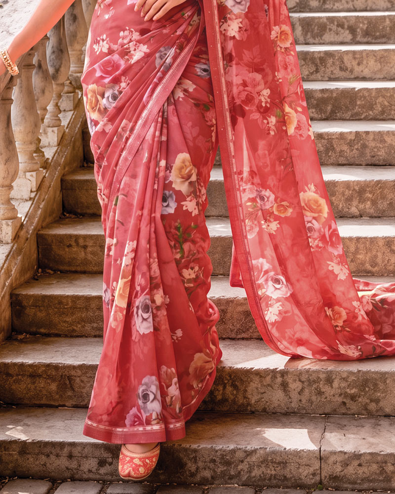Vishal Prints Dusty Red Digital Print Georgette Saree With Fancy Border