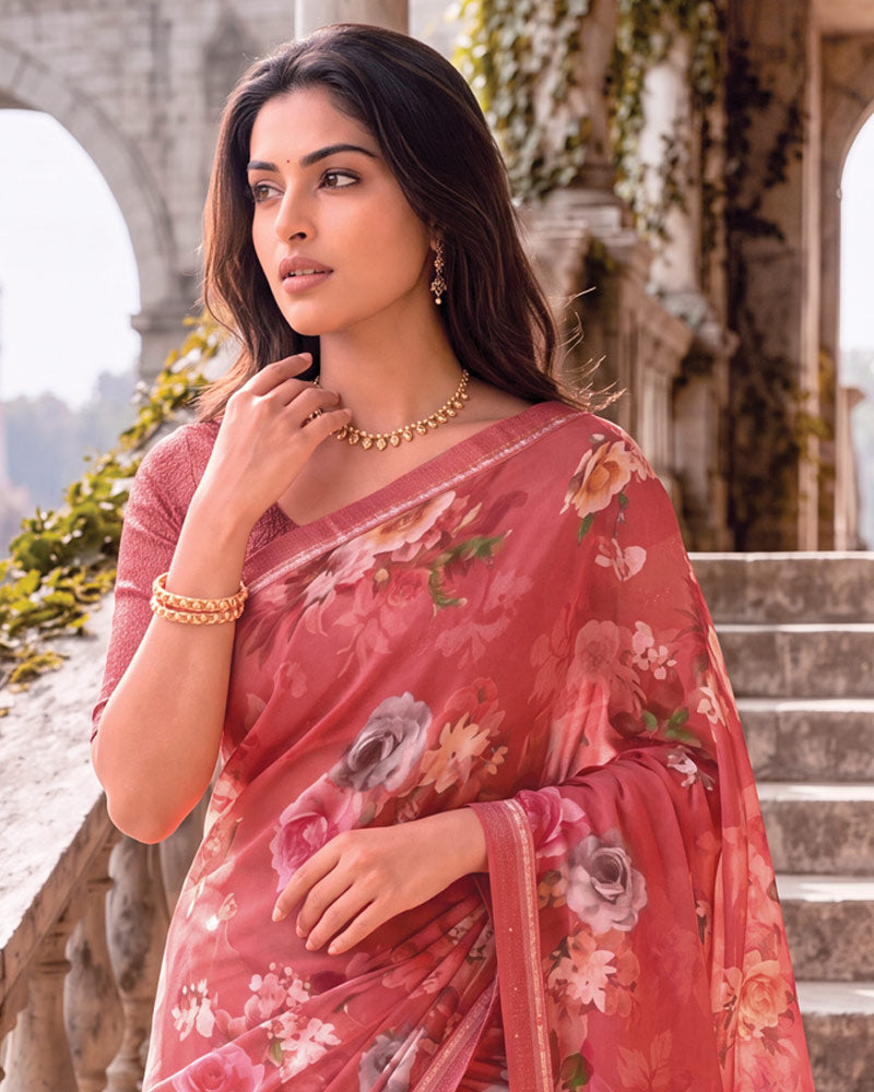 Vishal Prints Dusty Red Digital Print Georgette Saree With Fancy Border