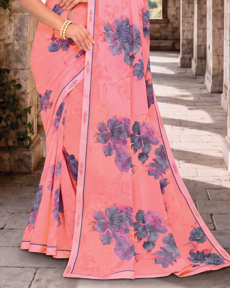 Vishal Prints Daisy Pink Digital Print Georgette Saree With Fancy Border