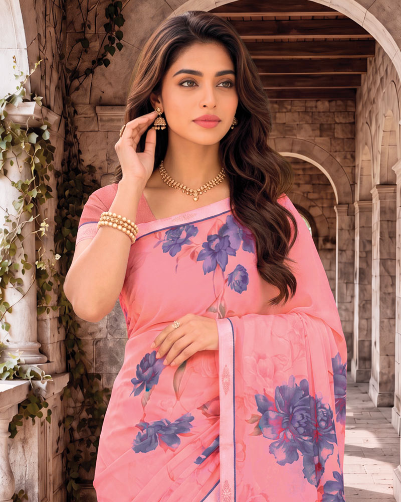 Vishal Prints Daisy Pink Digital Print Georgette Saree With Fancy Border