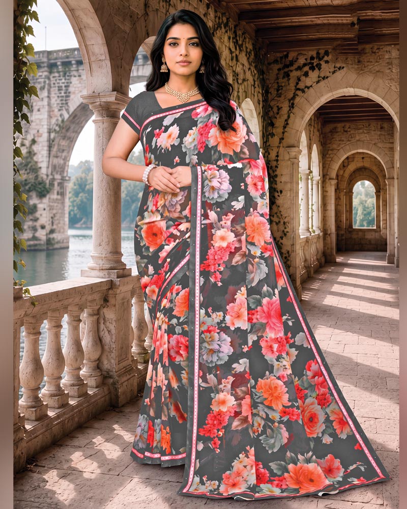 Vishal Prints Davy Grey Digital Print Georgette Saree With Fancy Border