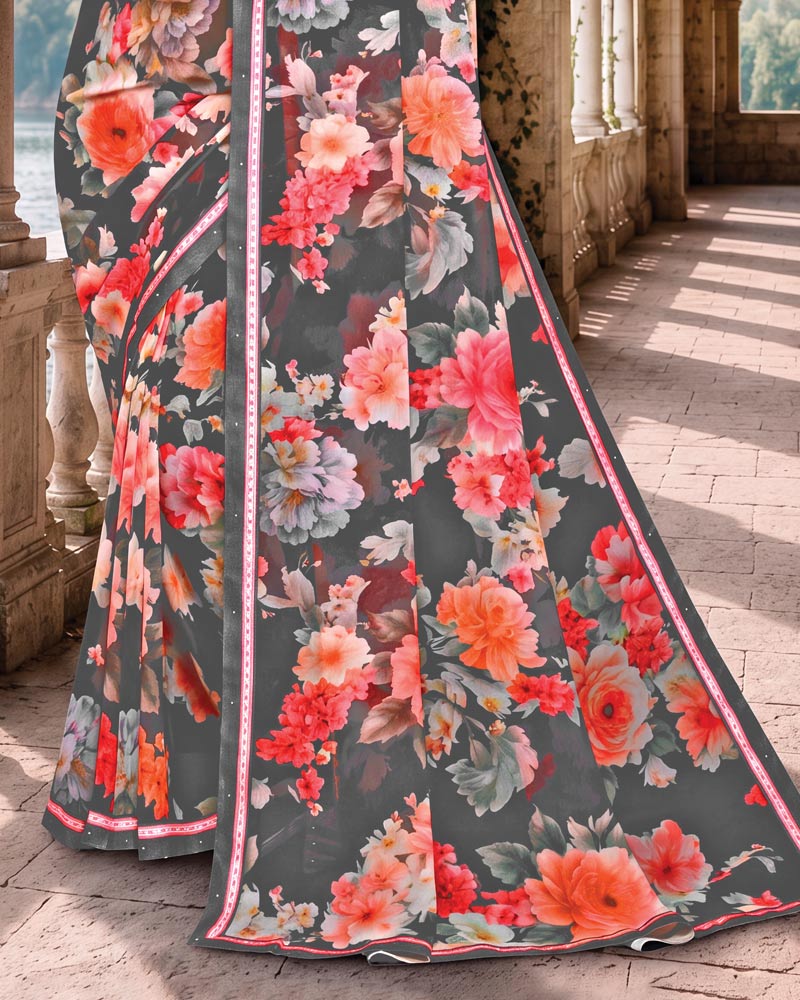Vishal Prints Davy Grey Digital Print Georgette Saree With Fancy Border