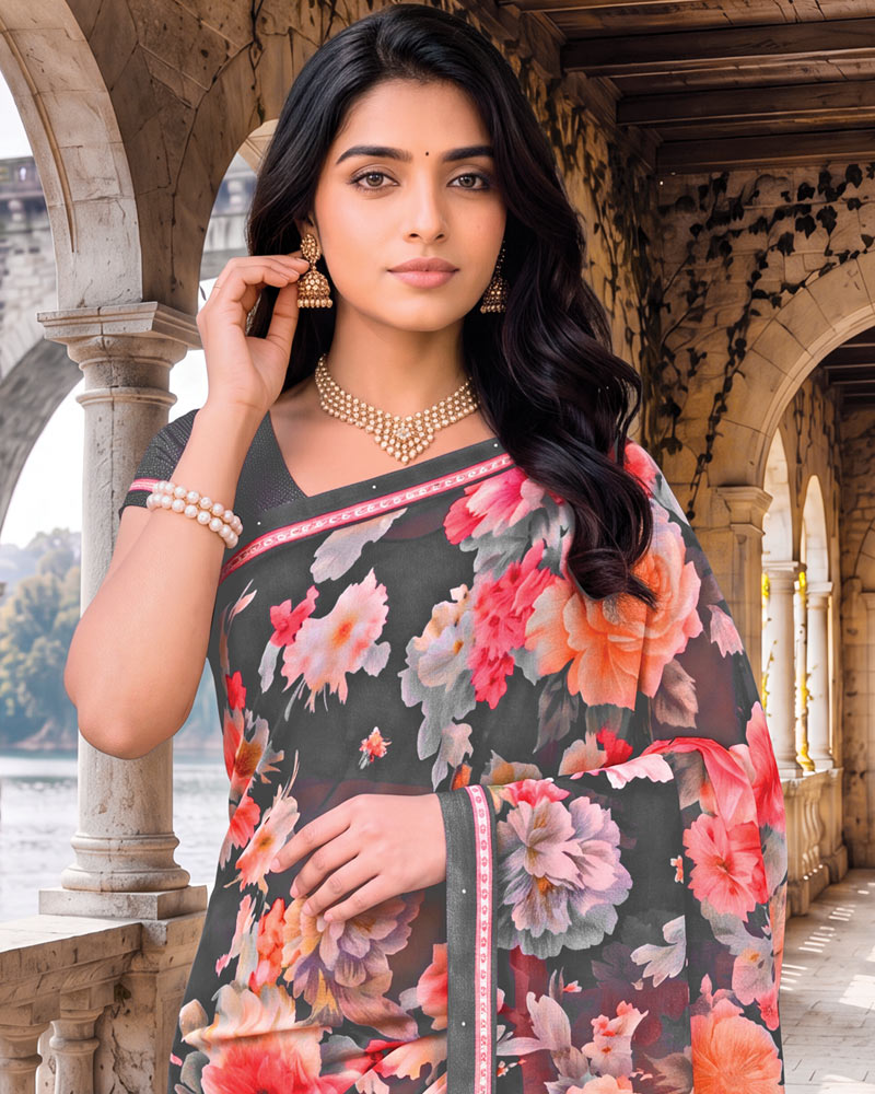 Vishal Prints Davy Grey Digital Print Georgette Saree With Fancy Border