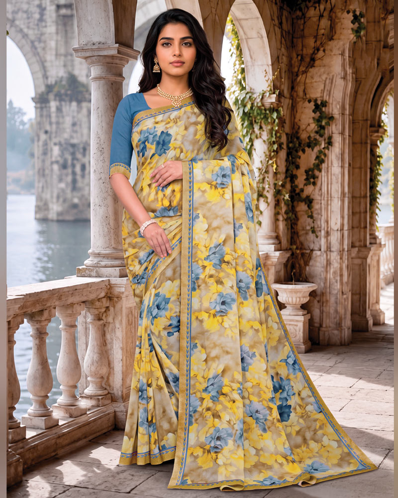 Vishal Prints Light Yellow Beige Digital Print Georgette Saree With Fancy Border