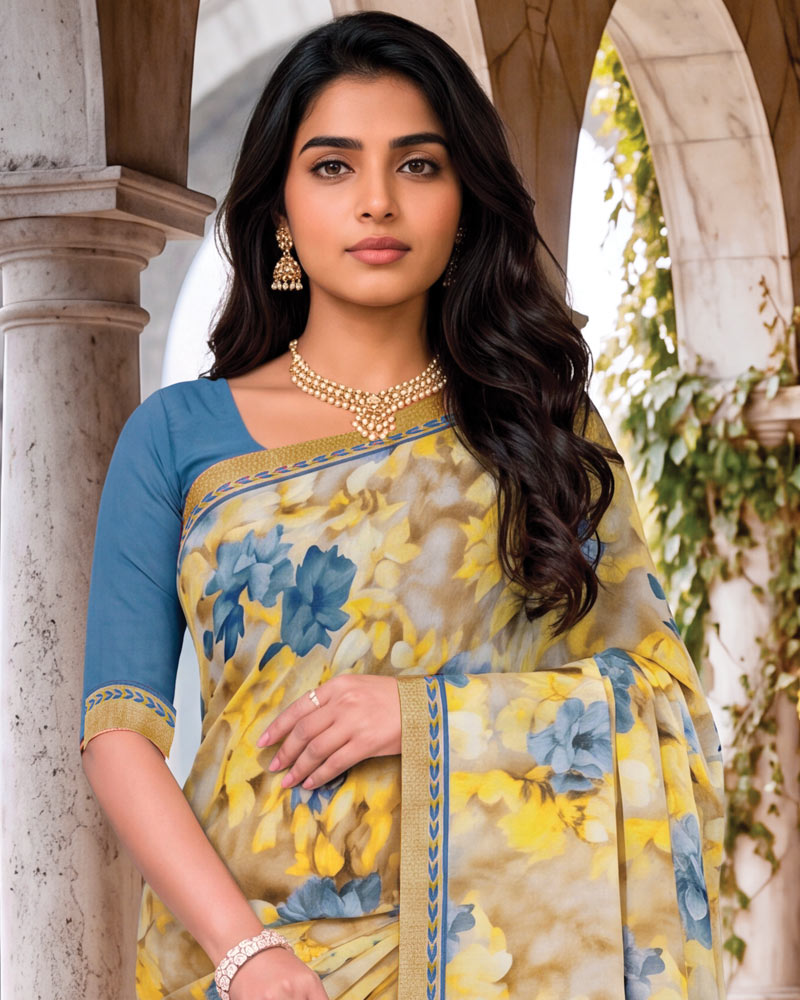 Vishal Prints Light Yellow Beige Digital Print Georgette Saree With Fancy Border