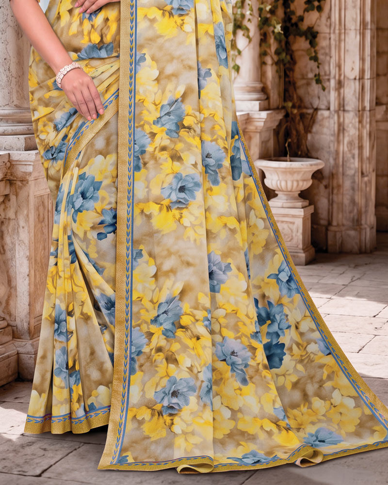 Vishal Prints Light Yellow Beige Digital Print Georgette Saree With Fancy Border