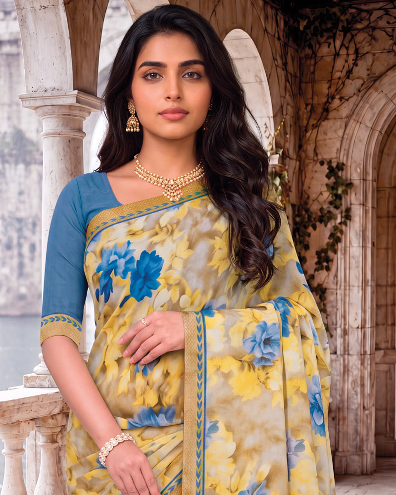 Vishal Prints Light Yellow Beige Digital Print Georgette Saree With Fancy Border