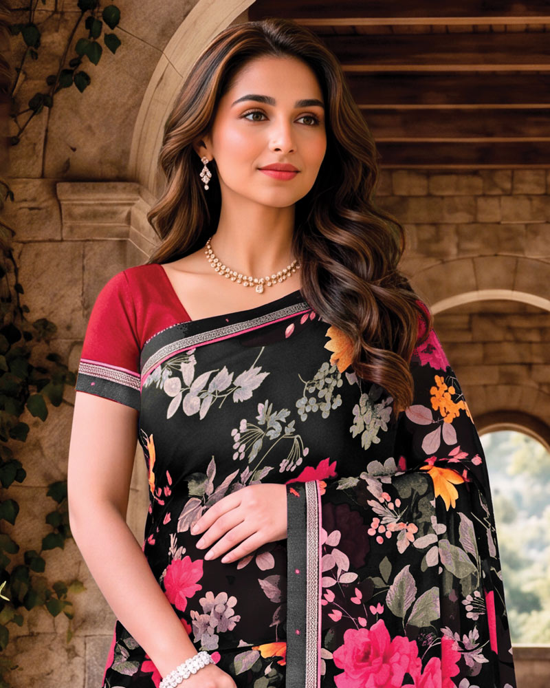 Vishal Prints Midnight Black Digital Print Georgette Saree With Fancy Border