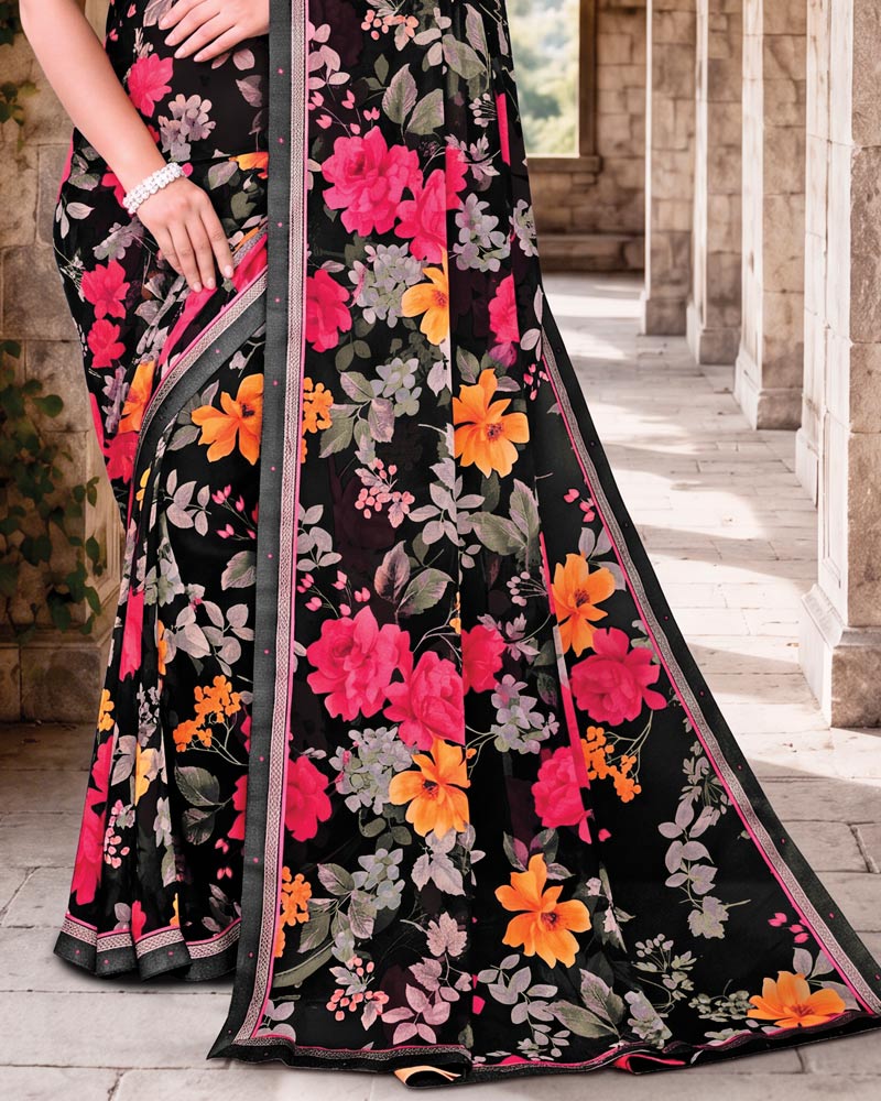 Vishal Prints Midnight Black Digital Print Georgette Saree With Fancy Border