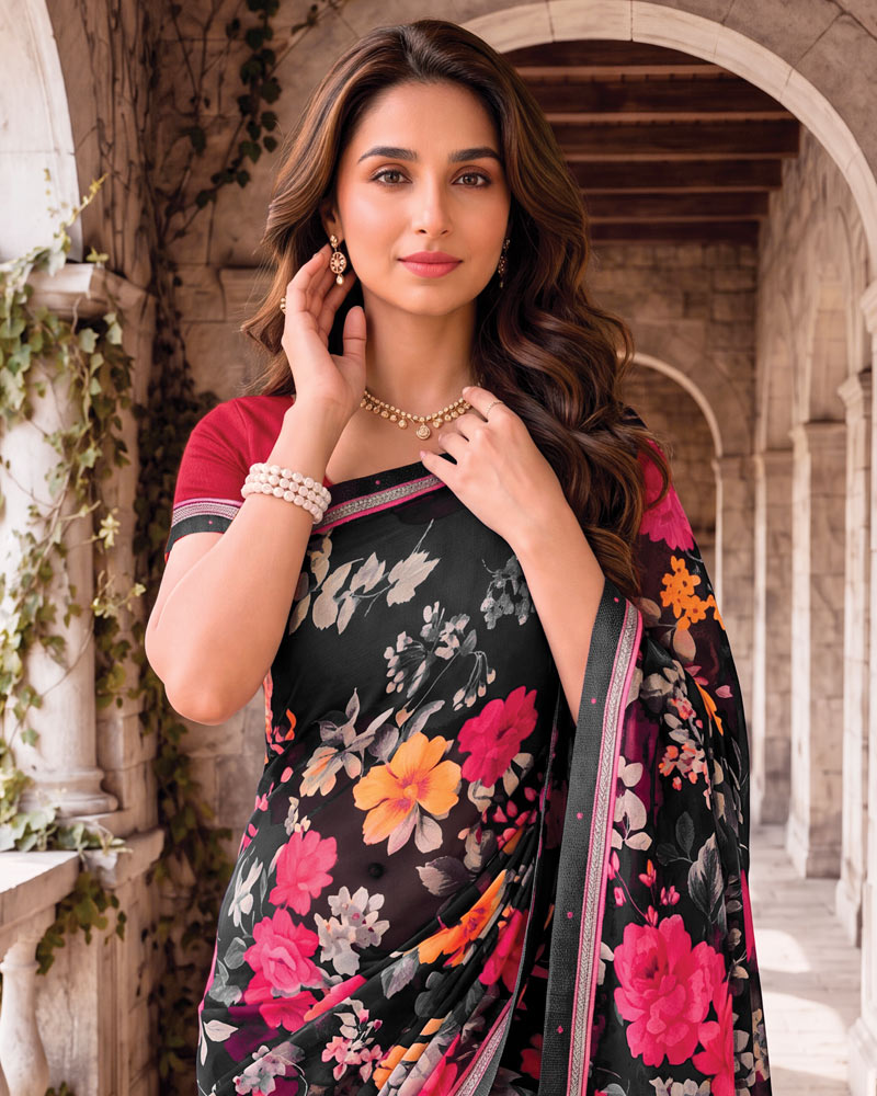 Vishal Prints Midnight Black Digital Print Georgette Saree With Fancy Border