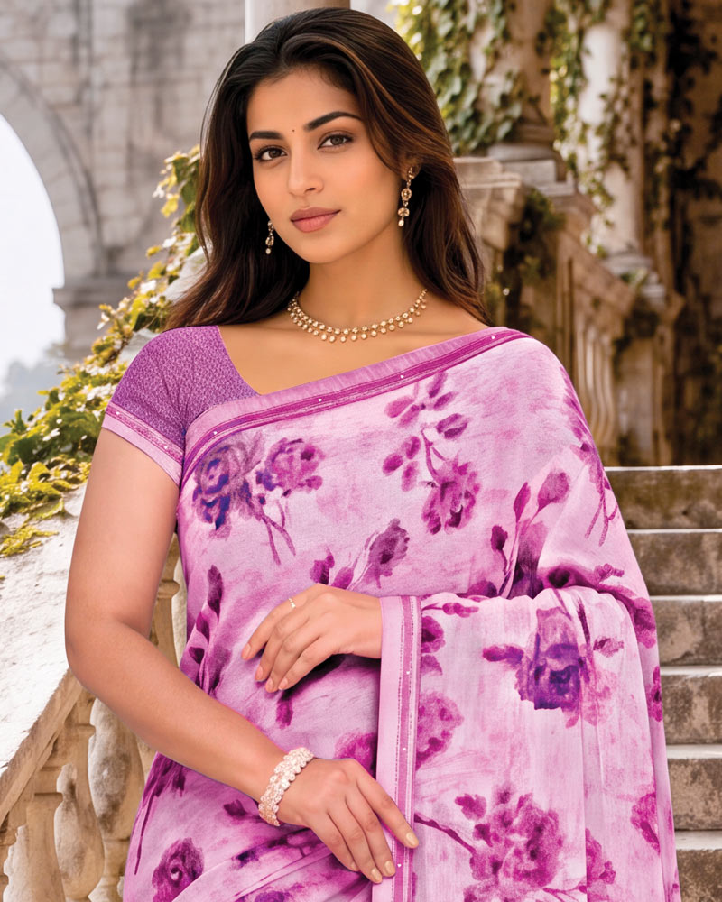 Vishal Prints Pastel Magenta Digital Print Georgette Saree With Fancy Border