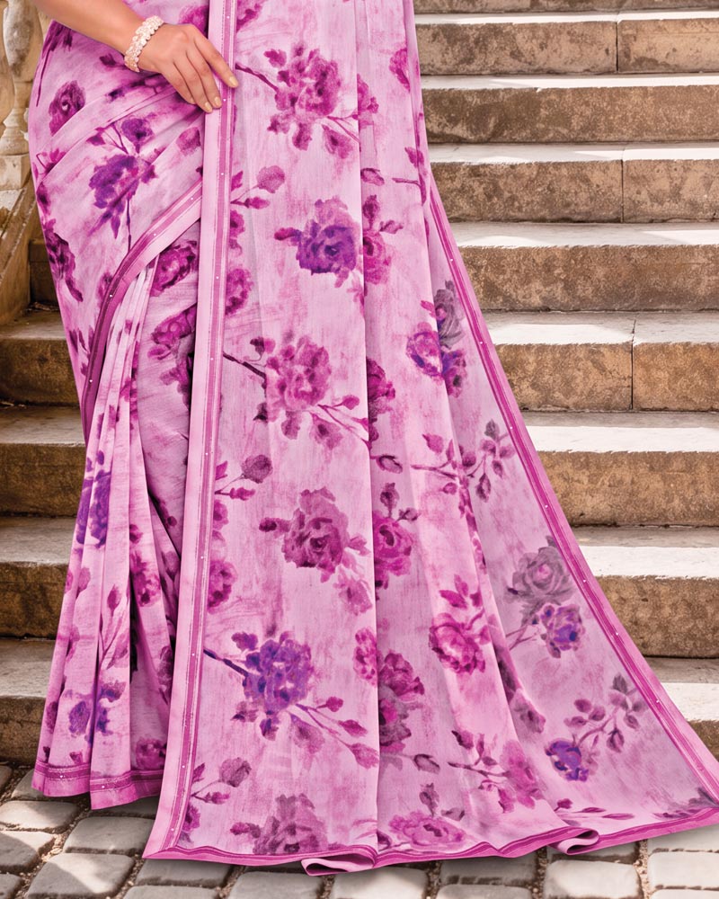 Vishal Prints Pastel Magenta Digital Print Georgette Saree With Fancy Border