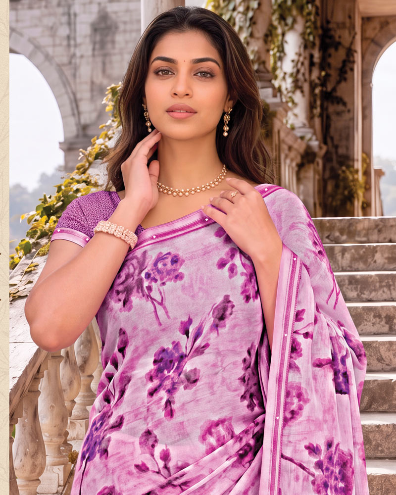 Vishal Prints Pastel Magenta Digital Print Georgette Saree With Fancy Border