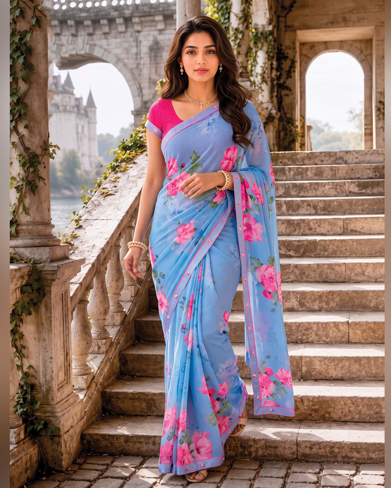 Vishal Prints Dark Pastel Blue Digital Print Georgette Saree With Fancy Border