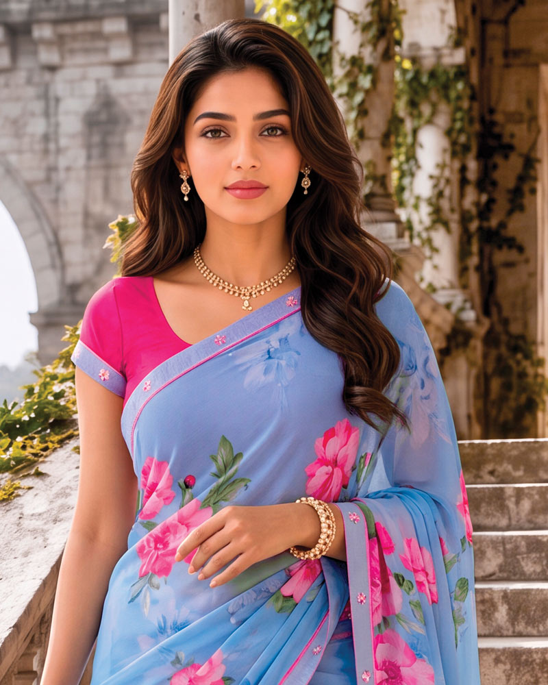 Vishal Prints Dark Pastel Blue Digital Print Georgette Saree With Fancy Border