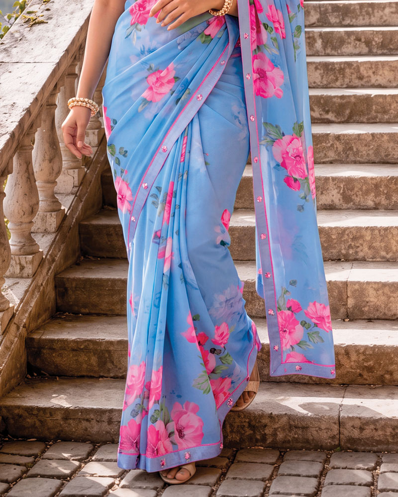 Vishal Prints Dark Pastel Blue Digital Print Georgette Saree With Fancy Border
