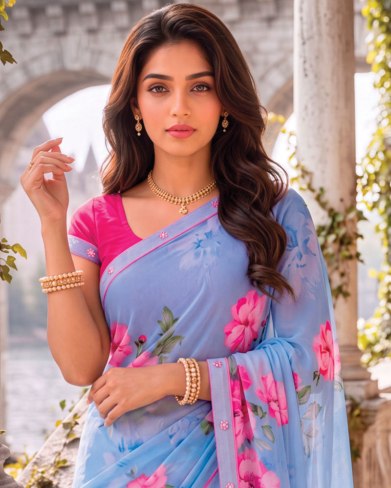 Vishal Prints Dark Pastel Blue Digital Print Georgette Saree With Fancy Border