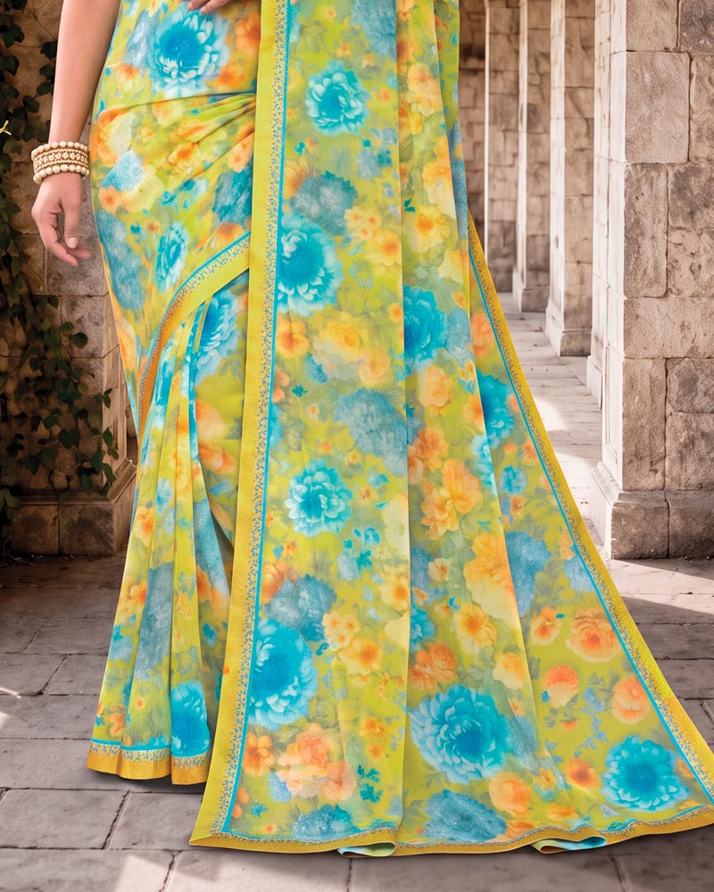 Vishal Prints Pale Olive Yellow Digital Print Georgette Saree With Fancy Border