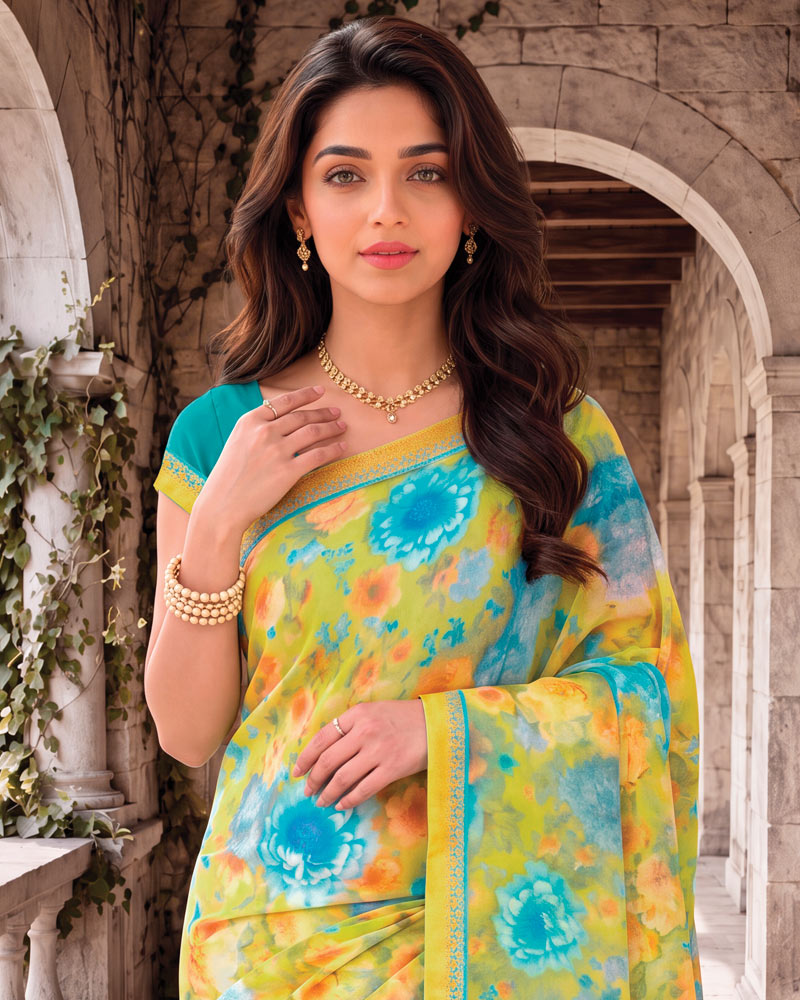 Vishal Prints Pale Olive Yellow Digital Print Georgette Saree With Fancy Border