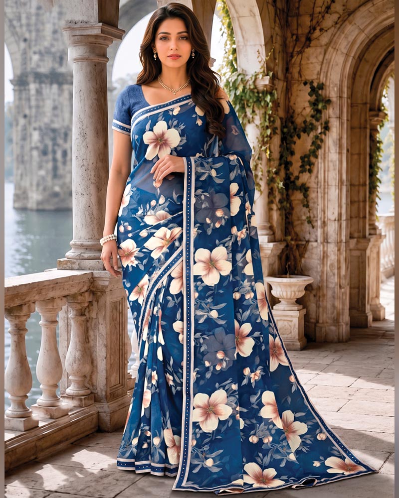 Vishal Prints Dark Ink Blue Digital Print Georgette Saree With Fancy Border