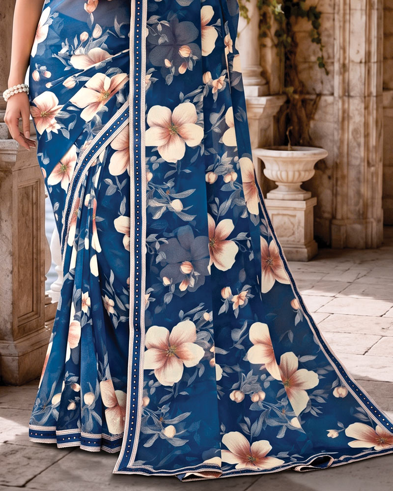 Vishal Prints Dark Ink Blue Digital Print Georgette Saree With Fancy Border