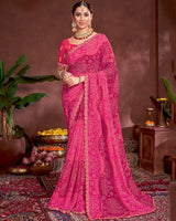 Vishal Prints Deep Cerise Pink Printed Fancy Chiffon Traditional Print Saree With Foil Print And Cut Work Border