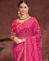 Vishal Prints Deep Cerise Pink Printed Fancy Chiffon Traditional Print Saree With Foil Print And Cut Work Border