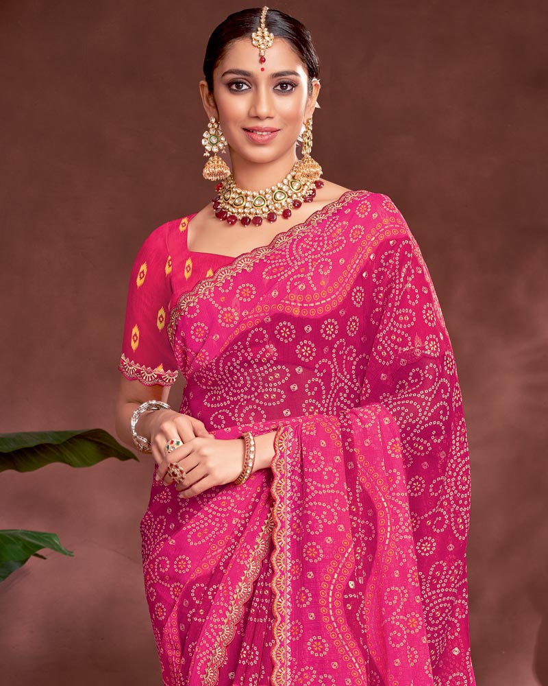 Vishal Prints Deep Cerise Pink Printed Fancy Chiffon Traditional Print Saree With Foil Print And Cut Work Border
