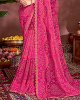 Vishal Prints Deep Cerise Pink Printed Fancy Chiffon Traditional Print Saree With Foil Print And Cut Work Border