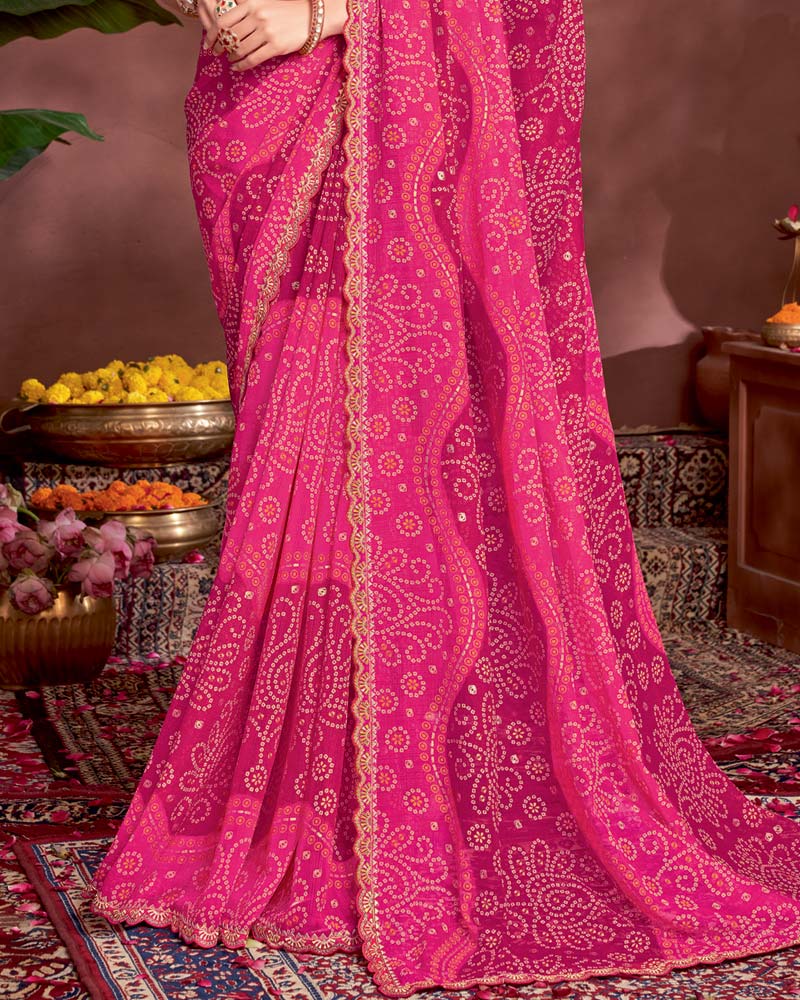 Vishal Prints Deep Cerise Pink Printed Fancy Chiffon Traditional Print Saree With Foil Print And Cut Work Border