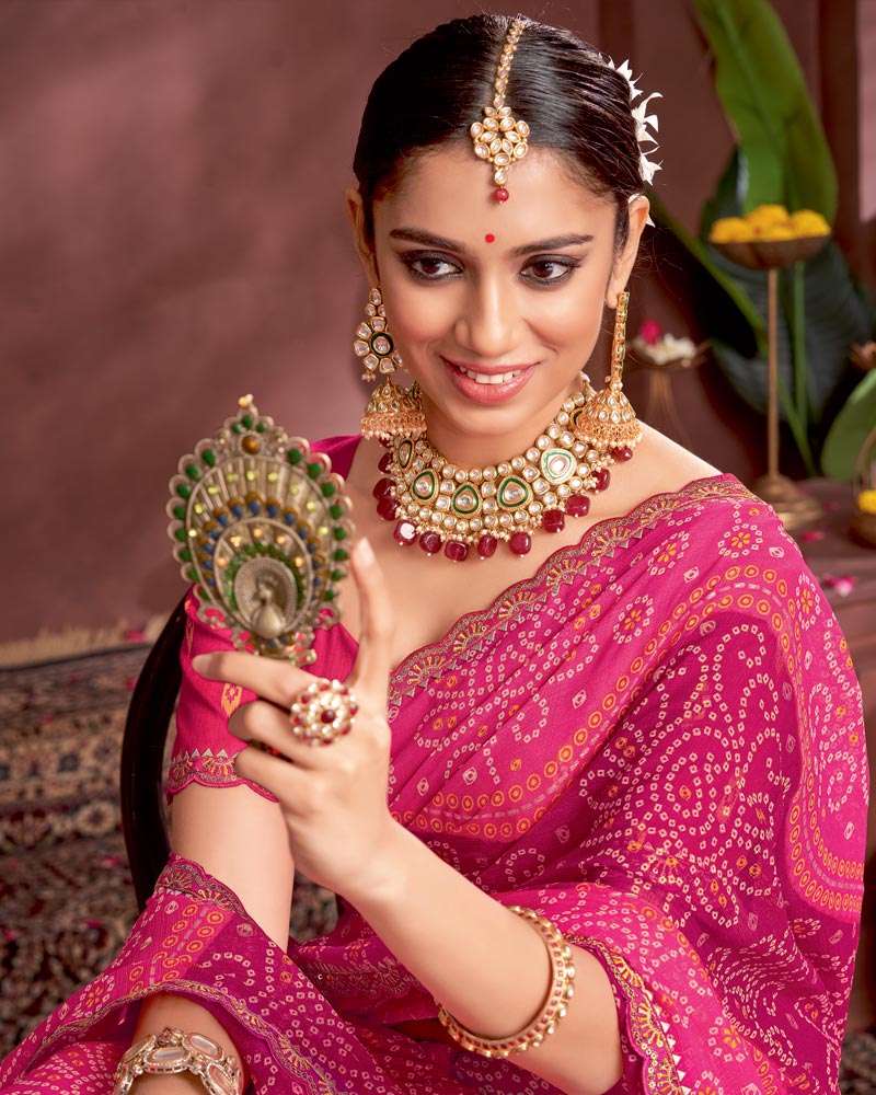 Vishal Prints Deep Cerise Pink Printed Fancy Chiffon Traditional Print Saree With Foil Print And Cut Work Border