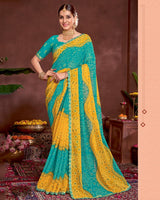 Vishal Prints Persian Green Printed Fancy Chiffon Traditional Print Saree With Foil Print And Cut Work Border