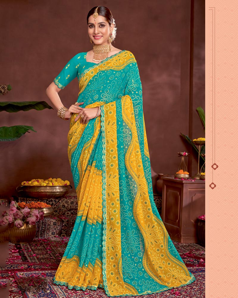 Vishal Prints Persian Green Printed Fancy Chiffon Traditional Print Saree With Foil Print And Cut Work Border