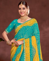 Vishal Prints Persian Green Printed Fancy Chiffon Traditional Print Saree With Foil Print And Cut Work Border