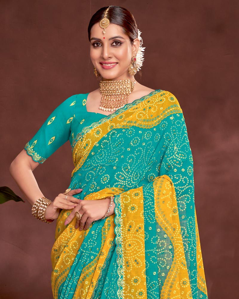 Vishal Prints Persian Green Printed Fancy Chiffon Traditional Print Saree With Foil Print And Cut Work Border