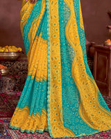 Vishal Prints Persian Green Printed Fancy Chiffon Traditional Print Saree With Foil Print And Cut Work Border