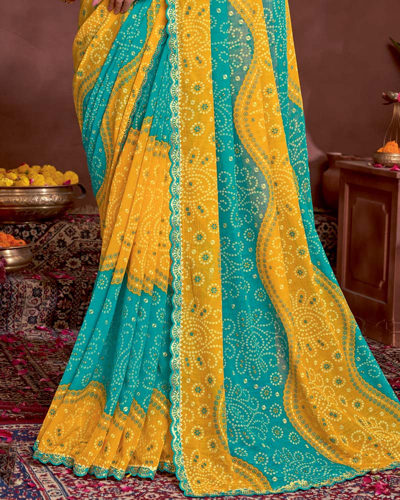 Vishal Prints Persian Green Printed Fancy Chiffon Traditional Print Saree With Foil Print And Cut Work Border