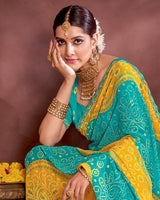 Vishal Prints Persian Green Printed Fancy Chiffon Traditional Print Saree With Foil Print And Cut Work Border