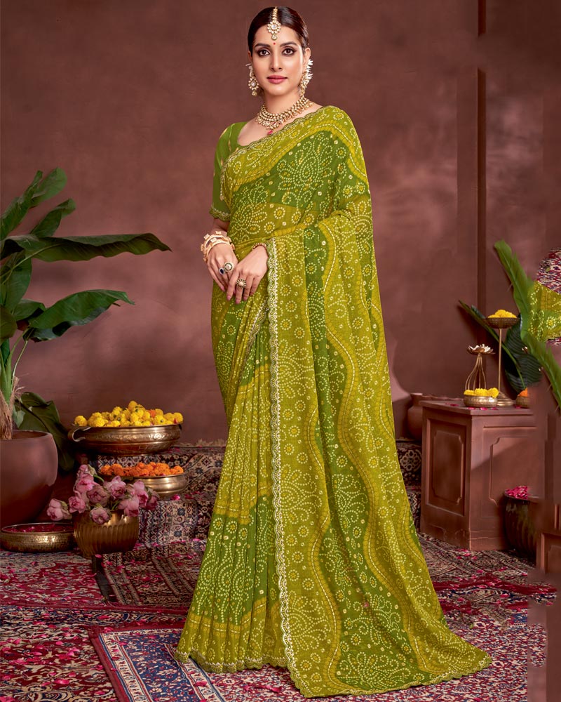 Vishal Prints Olive Green Printed Fancy Chiffon Traditional Print Saree With Foil Print And Cut Work Border