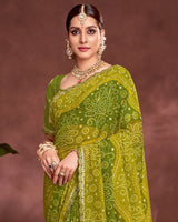 Vishal Prints Olive Green Printed Fancy Chiffon Traditional Print Saree With Foil Print And Cut Work Border