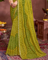 Vishal Prints Olive Green Printed Fancy Chiffon Traditional Print Saree With Foil Print And Cut Work Border