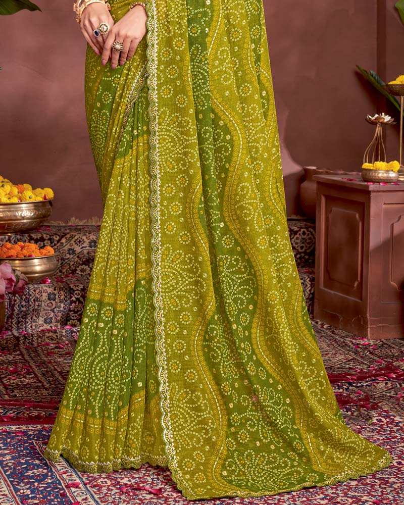 Vishal Prints Olive Green Printed Fancy Chiffon Traditional Print Saree With Foil Print And Cut Work Border