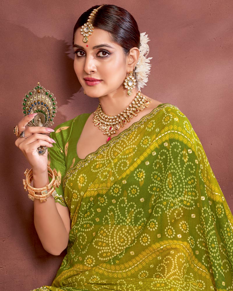 Vishal Prints Olive Green Printed Fancy Chiffon Traditional Print Saree With Foil Print And Cut Work Border