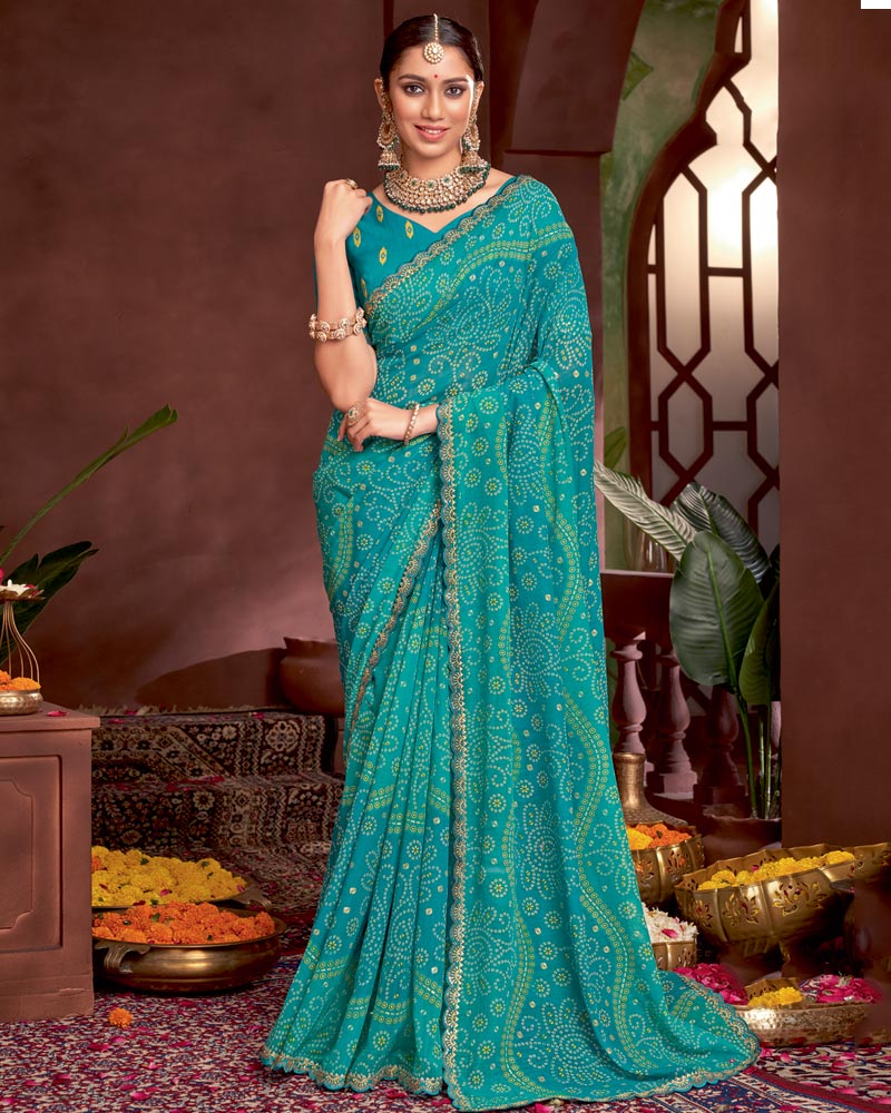 Vishal Prints Dark Teal Blue Printed Fancy Chiffon Traditional Print Saree With Foil Print And Cut Work Border