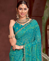 Vishal Prints Dark Teal Blue Printed Fancy Chiffon Traditional Print Saree With Foil Print And Cut Work Border