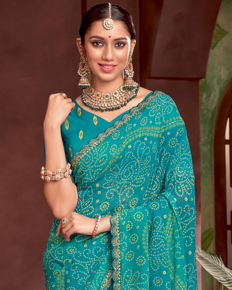 Vishal Prints Dark Teal Blue Printed Fancy Chiffon Traditional Print Saree With Foil Print And Cut Work Border