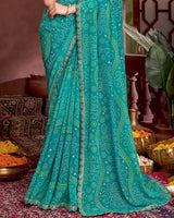 Vishal Prints Dark Teal Blue Printed Fancy Chiffon Traditional Print Saree With Foil Print And Cut Work Border
