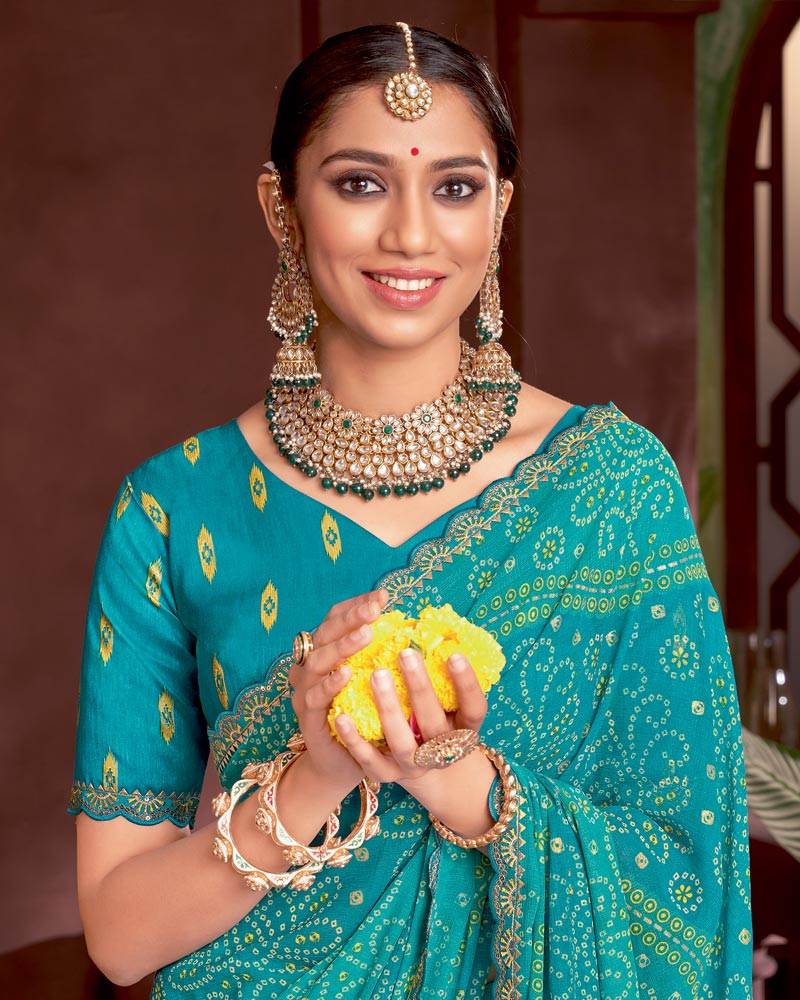 Vishal Prints Dark Teal Blue Printed Fancy Chiffon Traditional Print Saree With Foil Print And Cut Work Border