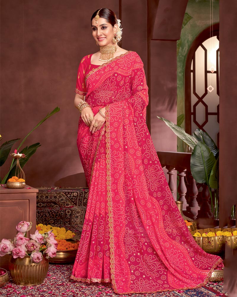 Vishal Prints Amaranth Pink Printed Fancy Chiffon Traditional Print Saree With Foil Print And Cut Work Border